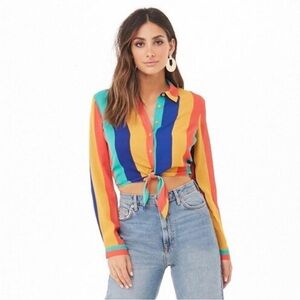 ($10) NEW Forever 21 Multicolor Stripe Tie Front Button Up Top 0X